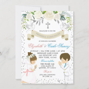 Invitation Argent Twin Boy Girl Kneel First Holy Communion