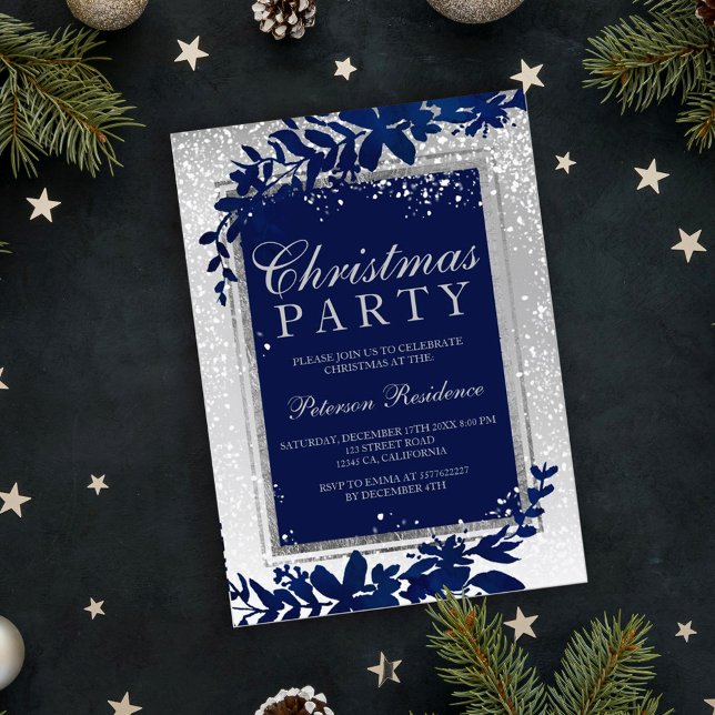 Invitation argent typographie feuille bleue neige élégante No (Créateur téléchargé)