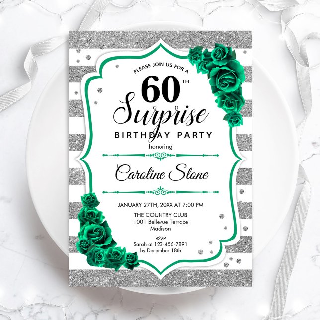 Invitation Argent vert blanc Surprise 60e anniversaire (Créateur téléchargé)