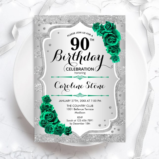 Invitation Argent vert Elégant Floral 90e anniversaire (Créateur téléchargé)