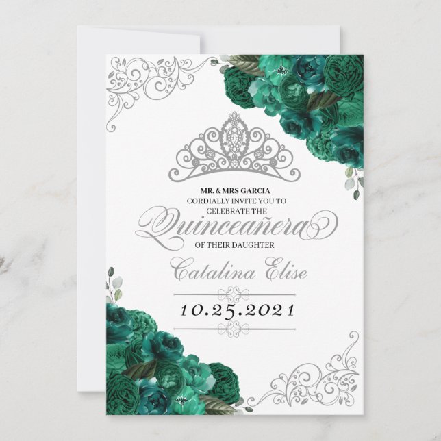 Invitation Argent vert Tiara Mis Quince Anniversaire Floral (Devant)