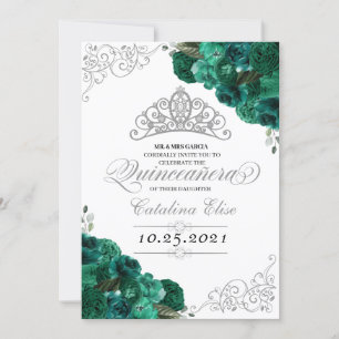 Invitation Argent vert Tiara Mis Quince Anniversaire Floral