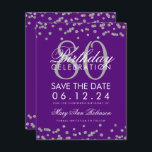 Invitation Argent violet 80e anniversaire Date de sauvegarde<br><div class="desc">Elégant design "80th Birthday Party" avec Silver Faux Parties scintillant Confetti violet et nom personnalisé et détails texte. Facile à utiliser et facile à personnaliser. Commandez aujourd'hui !</div>