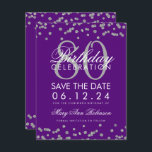 Invitation Argent violet 80e anniversaire Date de sauvegarde<br><div class="desc">Elégant design "80th Birthday Party" avec Silver Faux Parties scintillant Confetti violet et nom personnalisé et détails texte. Facile à utiliser et facile à personnaliser. Commandez aujourd'hui !</div>