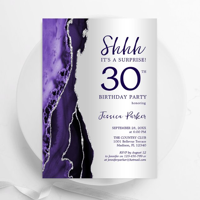 Invitation Argent violet Agate Surprise 30e anniversaire (Créateur téléchargé)