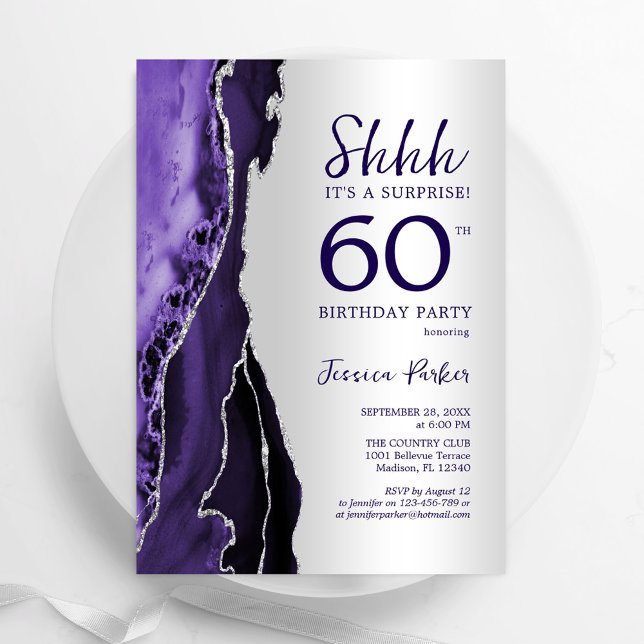 Invitation Argent violet Agate Surprise 60e anniversaire (Créateur téléchargé)
