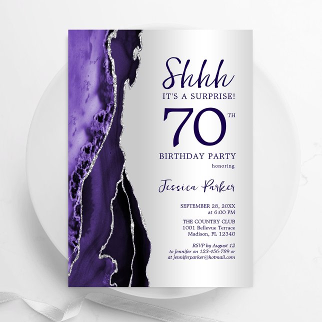 Invitation Argent violet Agate Surprise 70e anniversaire (Créateur téléchargé)