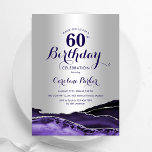 Invitation Argent violet âge 60e anniversaire<br><div class="desc">Purple et argent agate 60e anniversaire invitation de fête. Design élégant et moderne avec aquarelle agate marbre arrière - plan,  faux parties scintillant argent et typographie script. Carte invitation branchée parfaite pour une célébration anniversaire féminine élégante. Invitations Zazzle imprimées ou téléchargement instantané modèle imprimable numérique.</div>