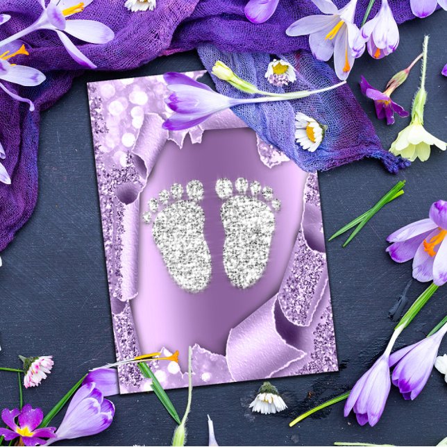 Invitation Argent violet Baby shower pieds garçon fille 3d vi (Créateur téléchargé)