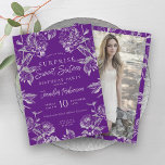 Invitation Argent violet Floral Photo SURPRISE Sweet 16<br><div class="desc">Elégant Sweet sixteen Anniversaire modèle d'invitation à la fête avec motif floral violet & argent,  personnalisé Photo & script de typographie moderne.</div>