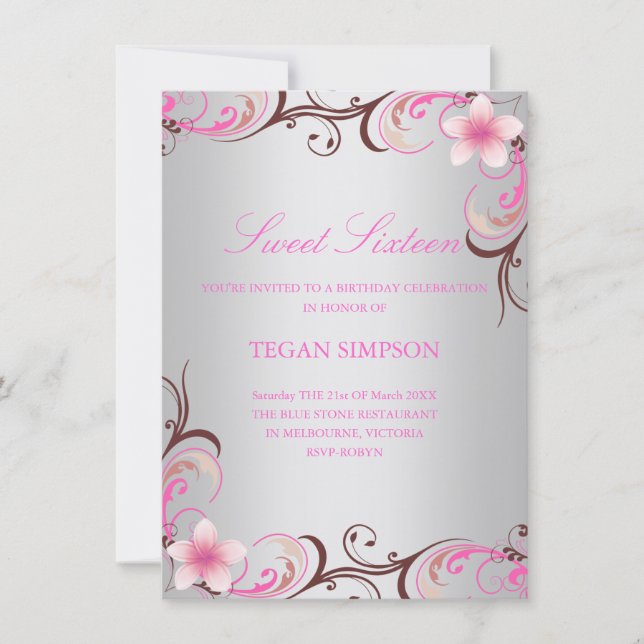 Invitation argenté d'anniversaire de sweet sixteen (Devant)