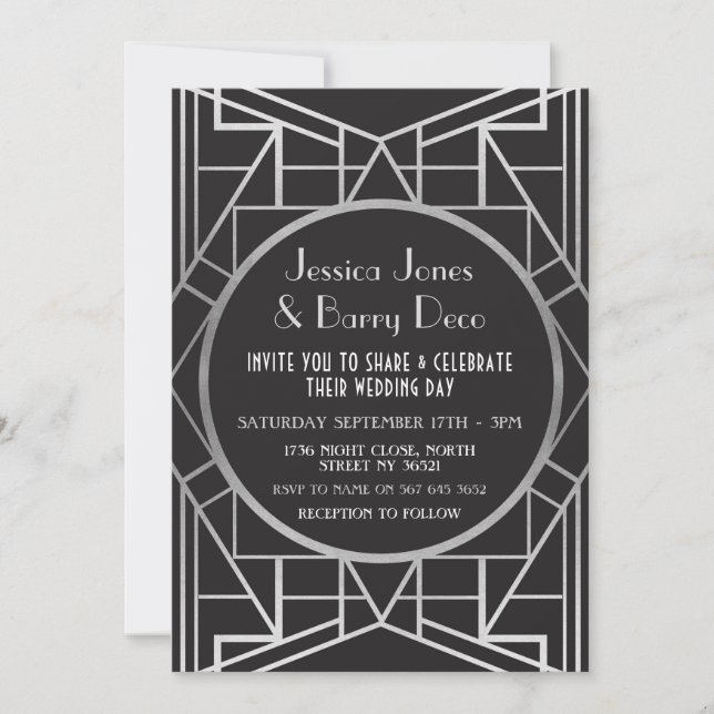 invitation argenté du mariage 20s de Gatsby d'art (Devant)