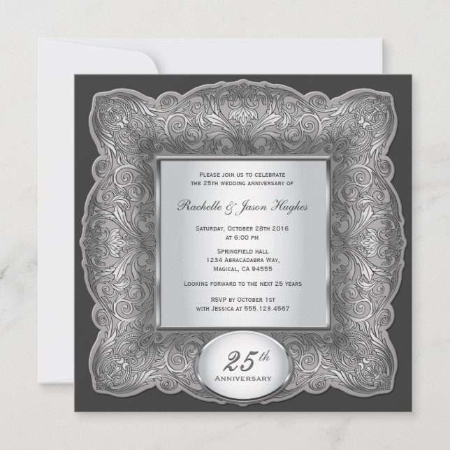 Invitation argentée carrée pour les 25 ans de mari (Devant)