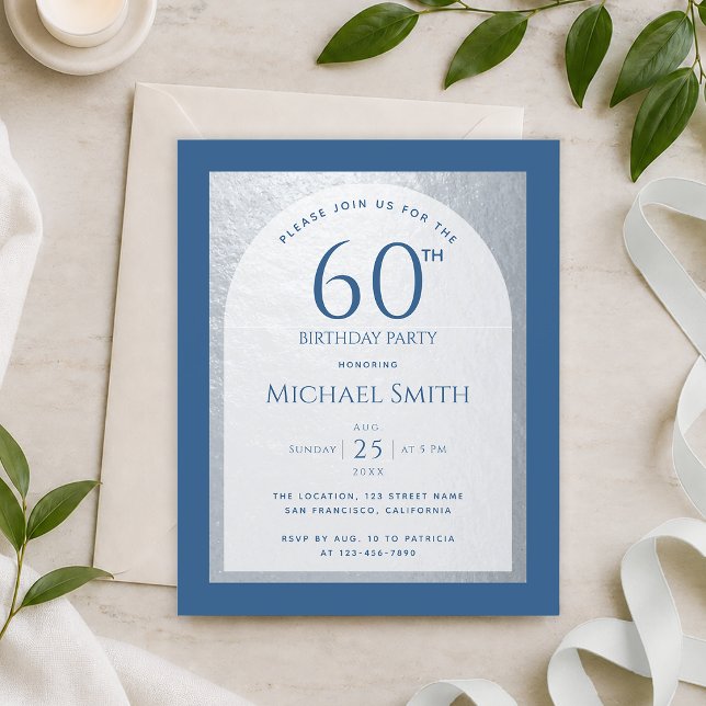 Invitation argentée classique bleu pour 60 ans à p (Créateur téléchargé)