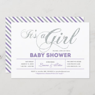 Invitation Argentée   Fille, Baby shower de typographie moder
