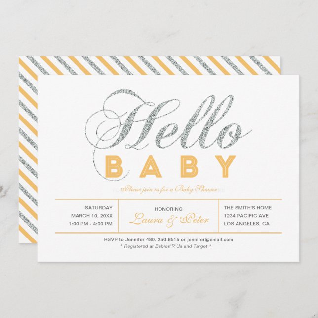 Invitation Argentée | Fille, Baby shower de typographie moder (Devant / Derrière)