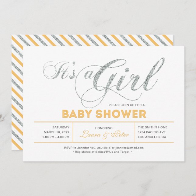 Invitation Argentée | Fille, Baby shower de typographie moder (Devant / Derrière)