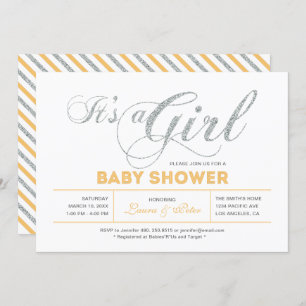 Invitation Argentée   Fille, Baby shower de typographie moder