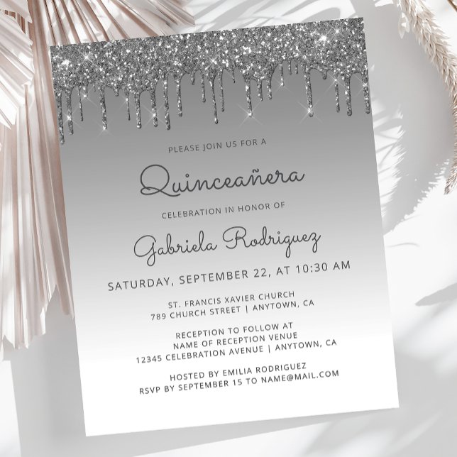 Invitation argentée pailletée pour Quinceañera (Créateur téléchargé)
