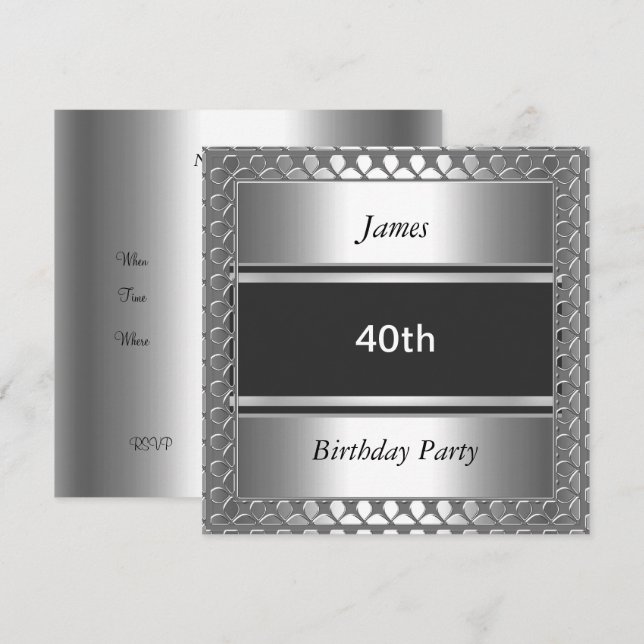 Invitation argentée pour les 40 ans d'un homme (Devant / Derrière)
