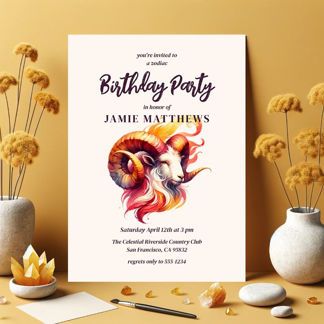 Invitation Aries Aquarelle Ram Zodiac Thème Anniversaire Fête (Watercolor Aries Zodiac-Themed Birthday Party Suite | 5x7 Invitations Shown Here)