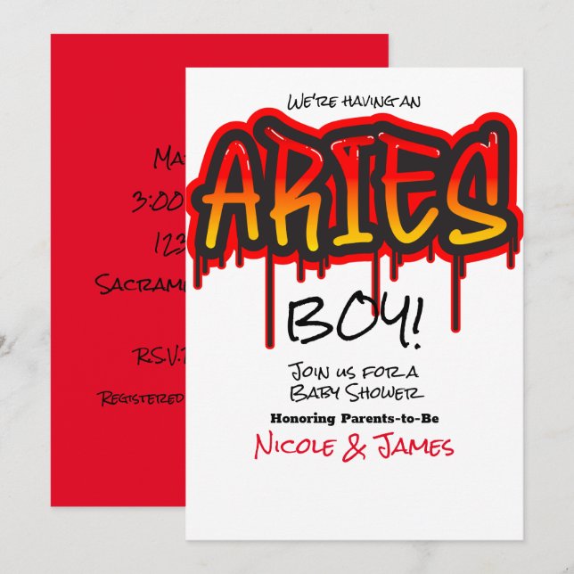 Invitation ARIES Signe du zodiaque de feu Rouge Baby Shower (Devant / Derrière)