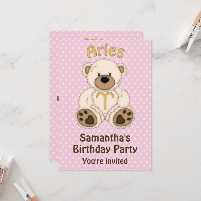 Invitation Aries White Bear sur la fête d'anniversaire rose (Devant/Arrière en situation)