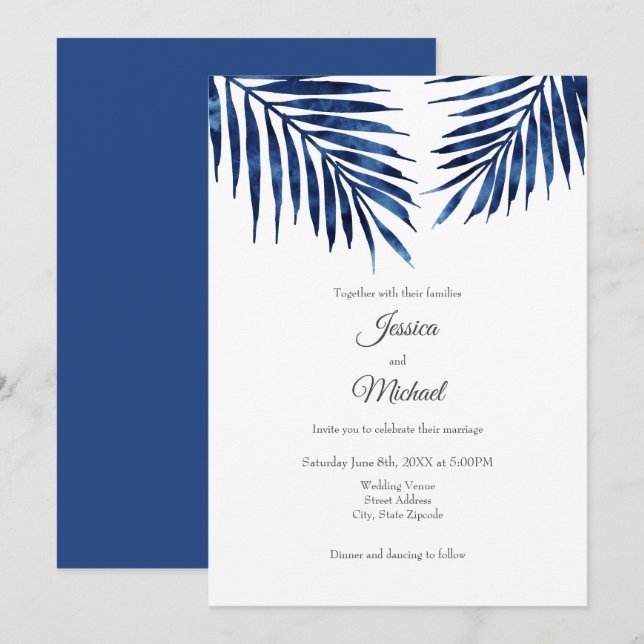 Invitation Armature de palme d'aquarelle Indigo (Devant / Derrière)