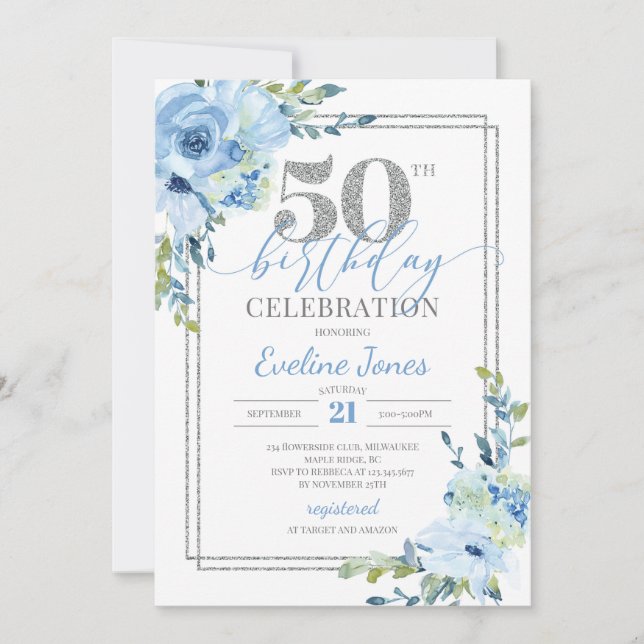 Invitation Armature en argent floral bleu rustique 50e annive (Devant)