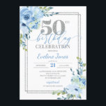 Invitation Armature en argent floral bleu rustique 50e annive<br><div class="desc">Cadre floral bleu rustique argenté 50e anniversaire invitation,  Contactez-moi pour les articles correspondants ou pour la personnalisation,  Roses blush ©</div>