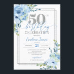 Invitation Armature en argent floral bleu rustique 50e annive<br><div class="desc">Cadre floral bleu rustique argenté 50e anniversaire invitation,  Contactez-moi pour les articles correspondants ou pour la personnalisation,  Roses blush ©</div>