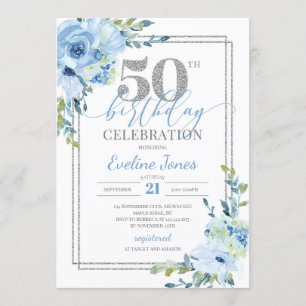 Invitation Armature en argent floral bleu rustique 50e annive