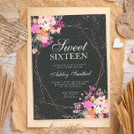 Invitation Armature rose or rose floral aquarelle Sweet 16<br><div class="desc">Cadre géométrique en or rose et parties scintillant confetti typographie Sweet 16 anniversaire avec peint à la main douce printemps fleuri branches de feuilles d'aquarelle d'été,  rose,  orange,  jaune violet lavande fleurs sur arrière - plan foncé,  parfait pour les fêtes d'anniversaire du printemps et d'été.</div>