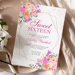 Invitation Armature rose or rose floral aquarelle Sweet 16<br><div class="desc">Cadre géométrique en or rose et parties scintillant confetti typographie Sweet 16 anniversaire avec des branches de feuilles d'aquarelle florale d'été peintes à la main,  rose,  orange,  jaune lavande violet,  parfait pour les fêtes d'anniversaire du printemps et de l'été.</div>