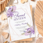 Invitation Armature rose or violet floral aquarelle Sweet 16<br><div class="desc">Cadre géométrique en or rose et parties scintillant confetti typographie Sweet 16 anniversaire avec des branches de feuilles d'aquarelle peintes à la main,  fleurs de lavande violette,  parfait pour la fête d'anniversaire du printemps et de l'été.</div>