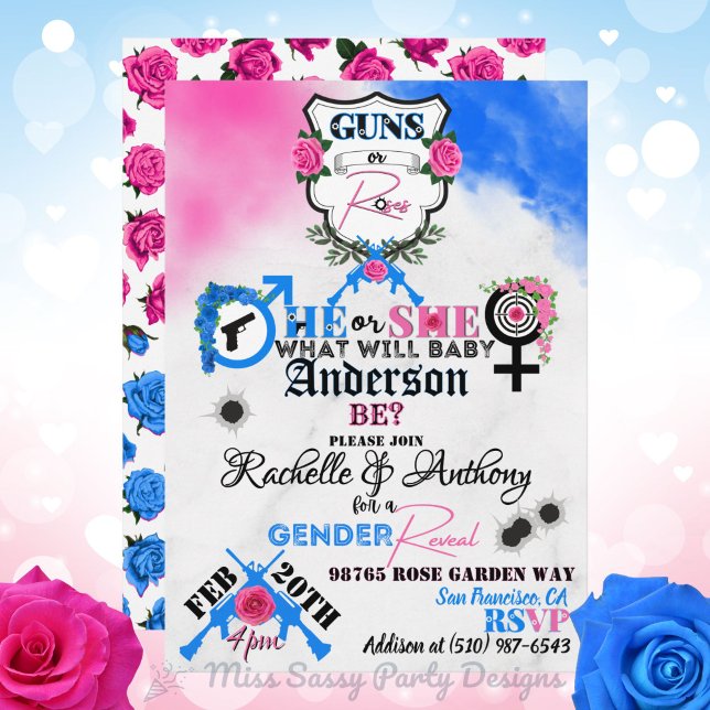 Invitation Armes à feu ou Roses rose et bleu Révélation de ge (Locked & Loaded for Baby! 💥Guns or Roses Pink & Blue Gender Reveal Invite for military & gun lovers)