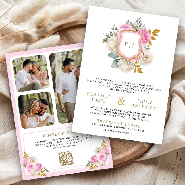 Invitation Armoiries de mariage avec code QR floral rose past (Créateur téléchargé)