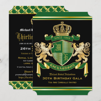 Invitation Armoiries royales Lion d'or vert Emblème Anniversa