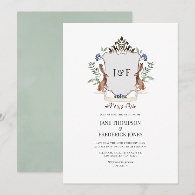 Invitation Armoiries rustiques de la forêt Monogramme Lapin M (Devant / Derrière)