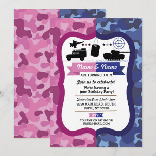 Invitation Army Pink & Blue Girls & Boys Anniversaire
