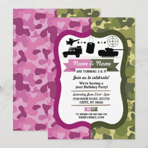 Invitation Army Pink & Green Girls & Boys fête d'anniversaire