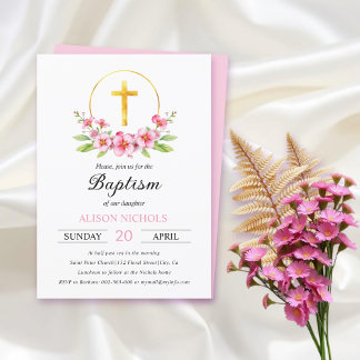 Invitation Arrangement floral rose, croix d'or baptême fille