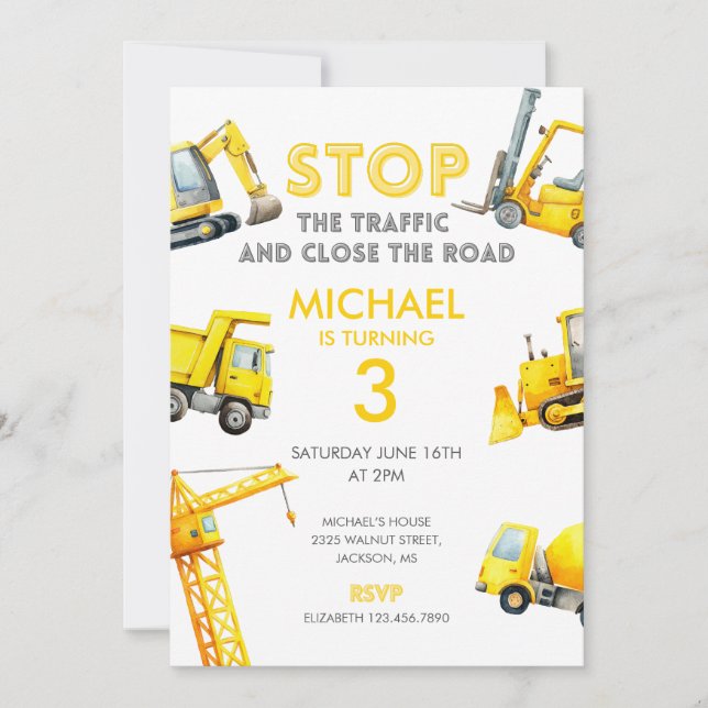 Invitation Arrêtez les camions de chantier d'anniversaire (Devant)