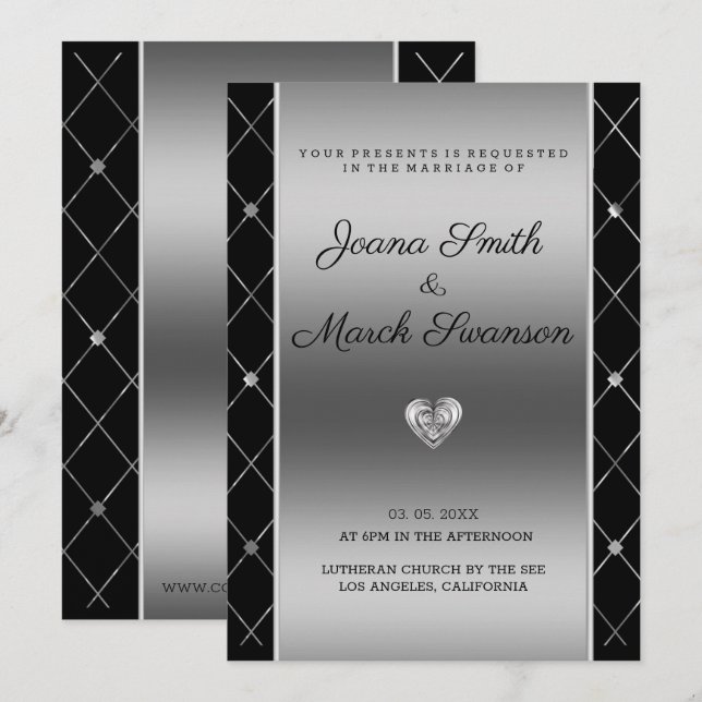 Invitation Arrière - plan Argent Et Mariage Coeur (Devant / Derrière)