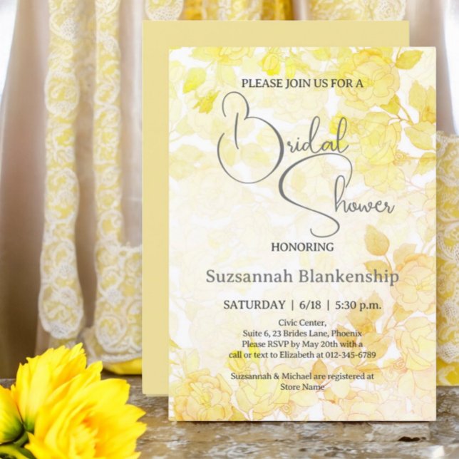 Invitation Arrière-plan floral pastel subtil pour la douche d (Front & Back Design Examples for yellow floral bridal shower invitation.)