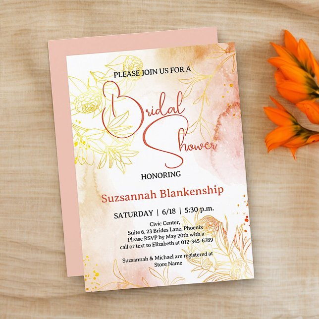 Invitation Arrière-plan floral pastel subtil pour la douche d (Front template bridal shower design with solid orange pastel back. )