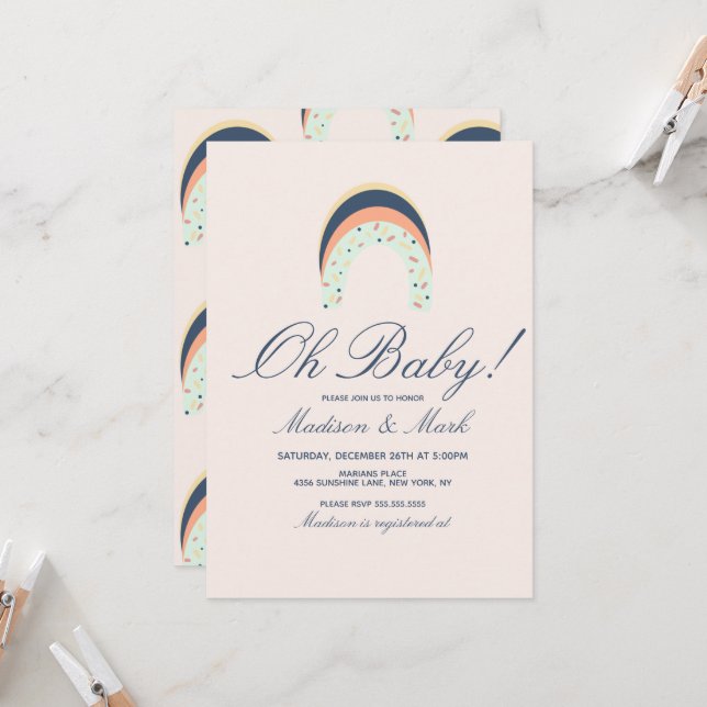 Invitation Arrosage arc-en-ciel Brush Stroke Baby shower rose (Devant/Arrière en situation)