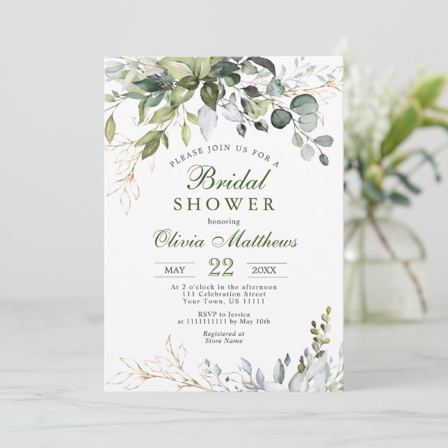 Invitation Arrosage de mariage à la gouache Eucalyptus Verdur (Debout devant)