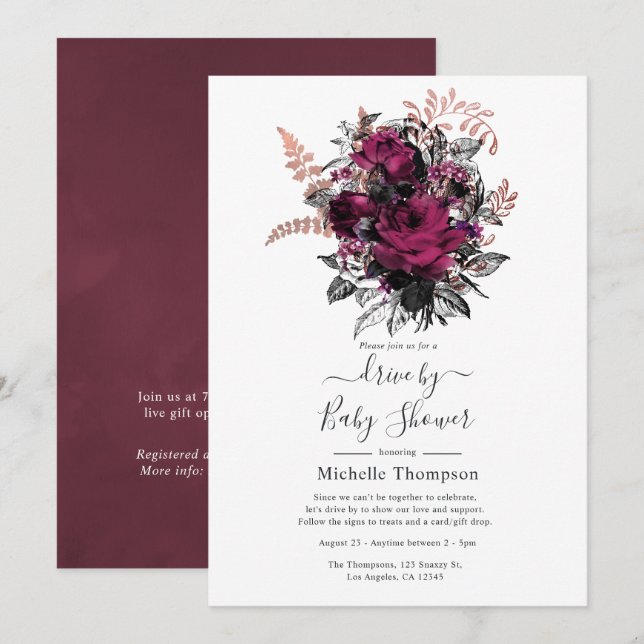 Invitation Arrosage de passage floral Marsala et or rose (Devant / Derrière)