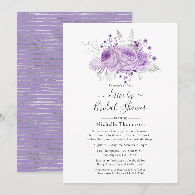 Invitation Arroseur Virtuel de Fleurs de Lavande et d'Argent (Devant / Derrière)